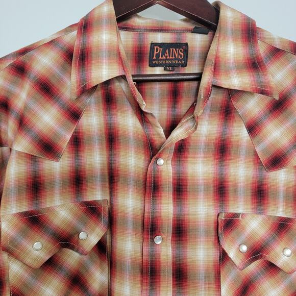 Plains Pearl Snap Western Long Sleeve Shirt Mens Sx XL Red Beige Plaid Rodeo - Picture 2 of 6